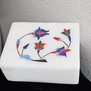 Handcrafted Soapstone Marble Inlay‎ Jewelry Box White Red Blue Green flowers